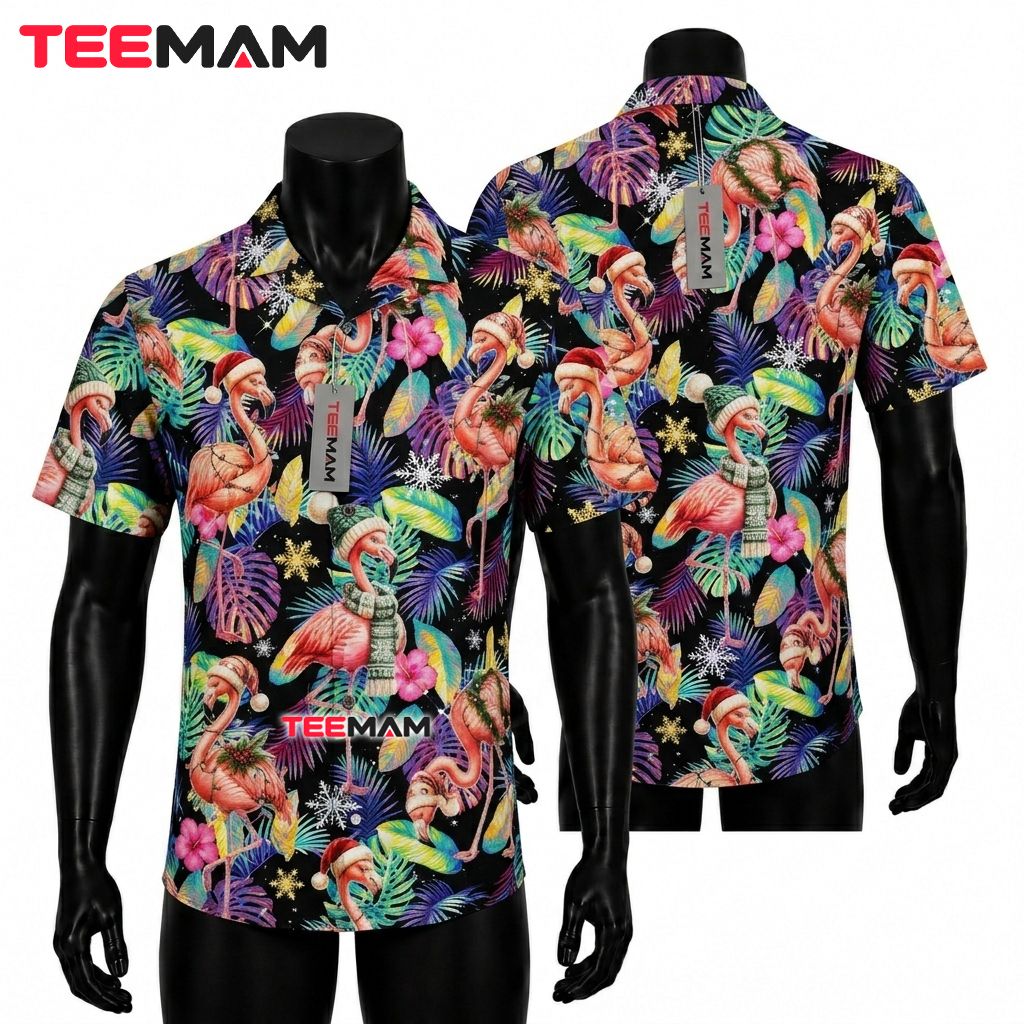 Christmas Flamingo Hawaiian Shirt Santa Hat Winter Leaves Black Front