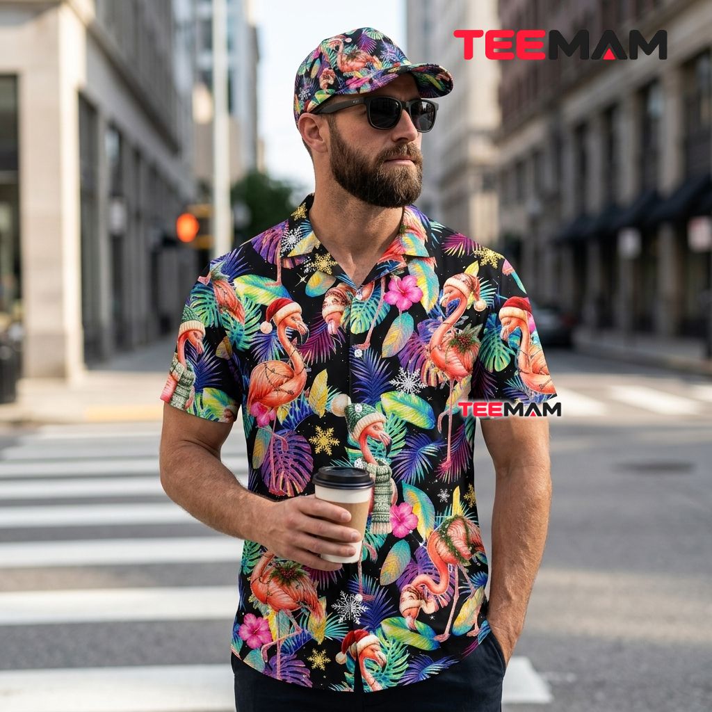 Christmas Flamingo Hawaiian Shirt Santa Hat Winter Leaves Black Back Christmas Flamingo Hawaiian Shirt Santa Hat Winter Leaves Black Back
