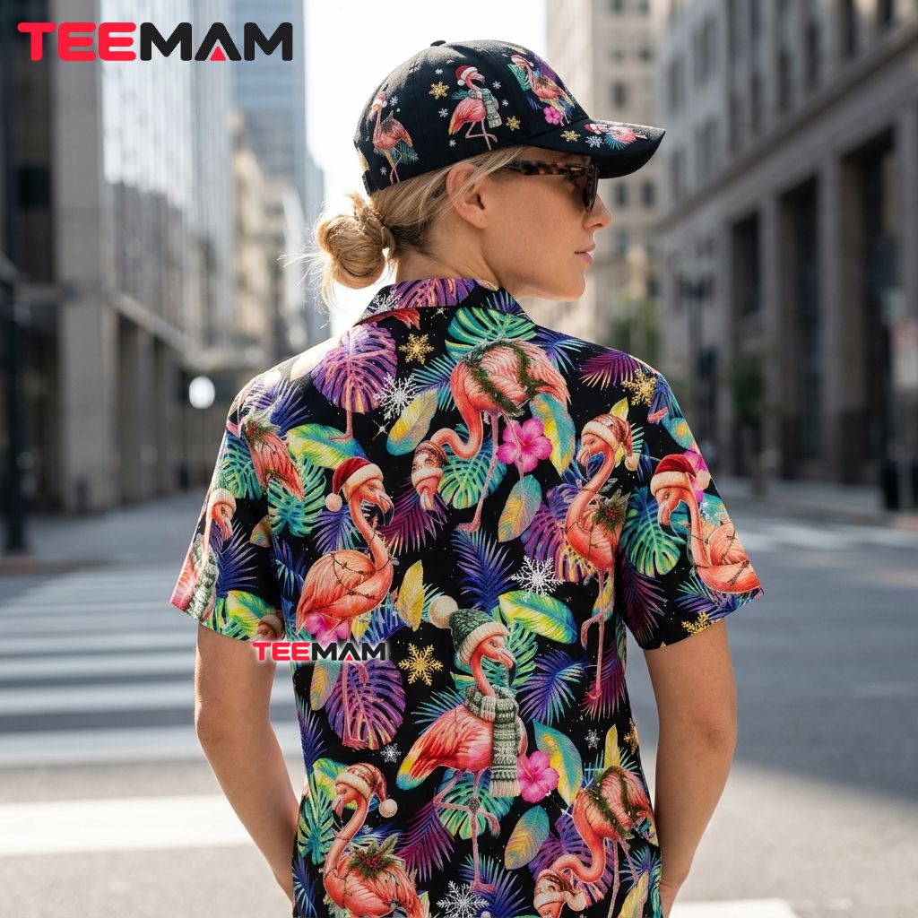 Christmas Flamingo Hawaiian Shirt Santa Hat Winter Leaves Black Version 3 Christmas Flamingo Hawaiian Shirt Santa Hat Winter Leaves Black Version 3