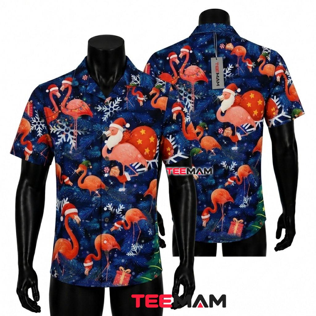 Christmas Flamingo Hawaiian Shirt Santa Sack Tree Snowflakes Dark Blue Front