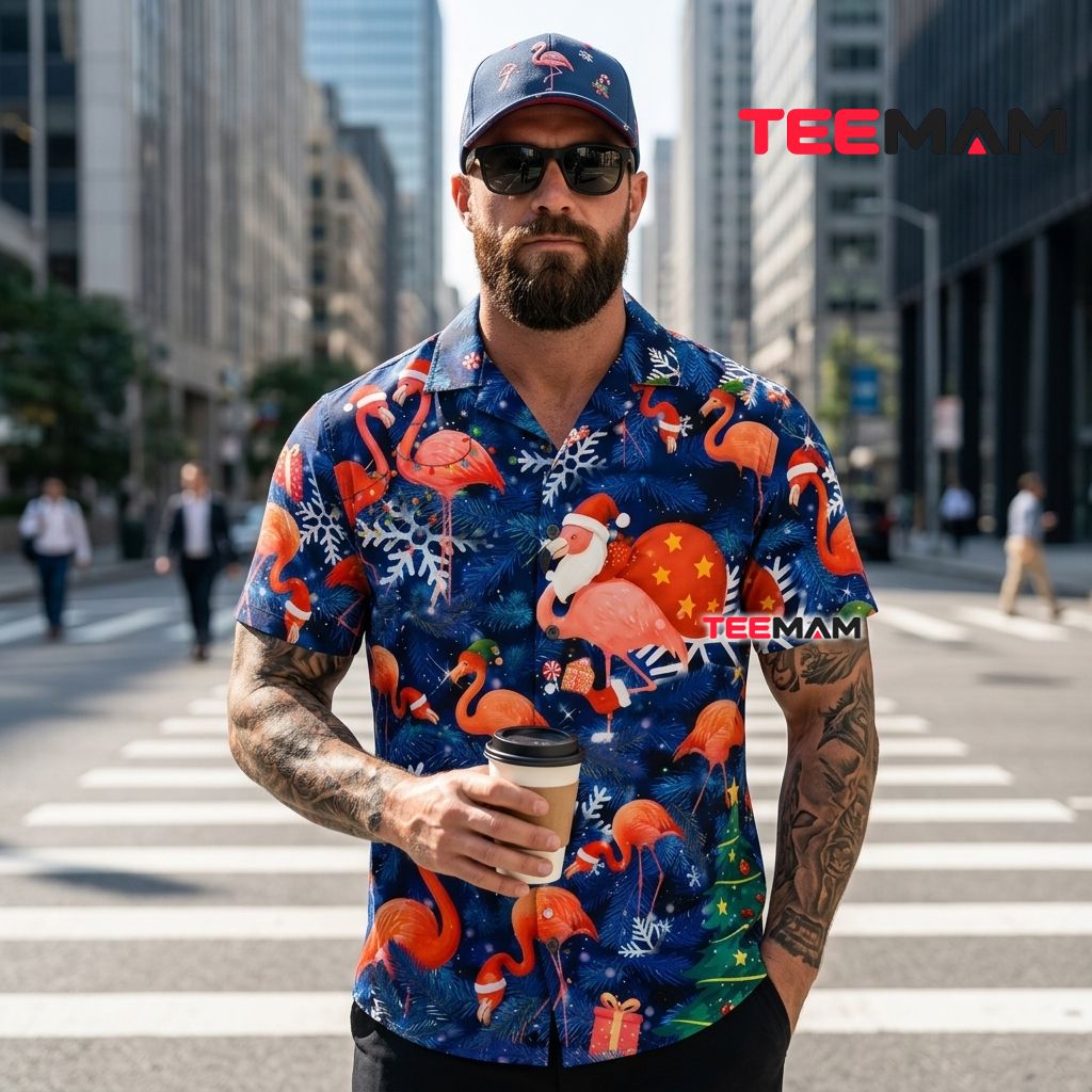 Christmas Flamingo Hawaiian Shirt Santa Sack Tree Snowflakes Dark Blue Back Christmas Flamingo Hawaiian Shirt Santa Sack Tree Snowflakes Dark Blue Back