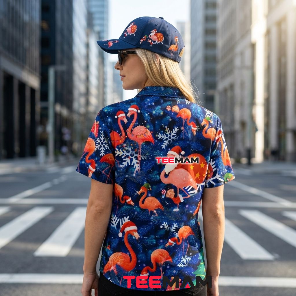 Christmas Flamingo Hawaiian Shirt Santa Sack Tree Snowflakes Dark Blue Version 3 Christmas Flamingo Hawaiian Shirt Santa Sack Tree Snowflakes Dark Blue Version 3