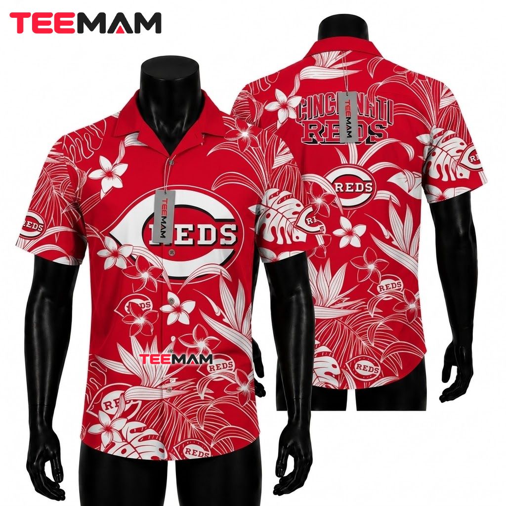 Cincinnati Reds Aloha Shirt White Plumeria Monstera Print Front