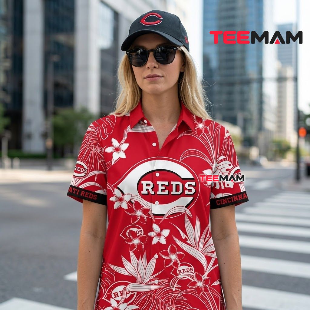 Cincinnati Reds Aloha Shirt White Plumeria Monstera Print Back Cincinnati Reds Aloha Shirt White Plumeria Monstera Print Back