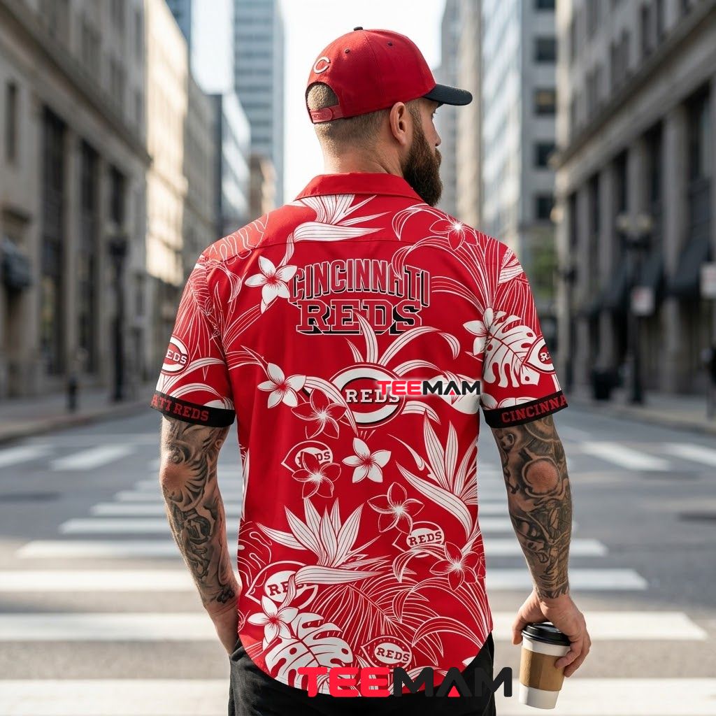 Cincinnati Reds Aloha Shirt White Plumeria Monstera Print Version 3 Cincinnati Reds Aloha Shirt White Plumeria Monstera Print Version 3