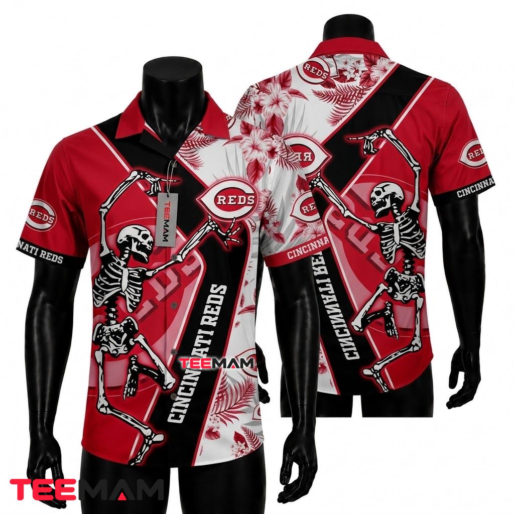 Cincinnati Reds Button Up Shirt Dancing Skeleton Front