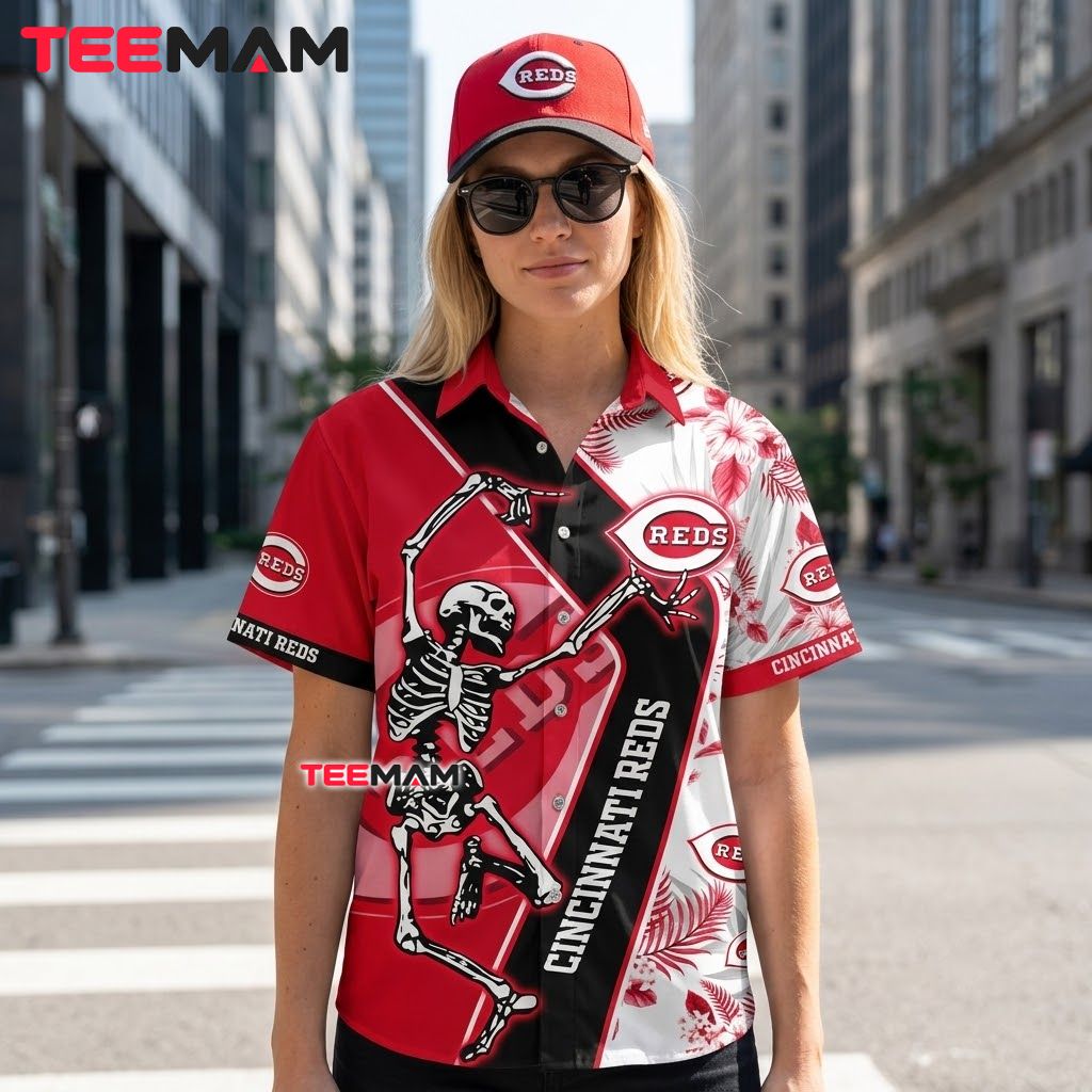 Cincinnati Reds Button Up Shirt Dancing Skeleton Back Cincinnati Reds Button Up Shirt Dancing Skeleton Back
