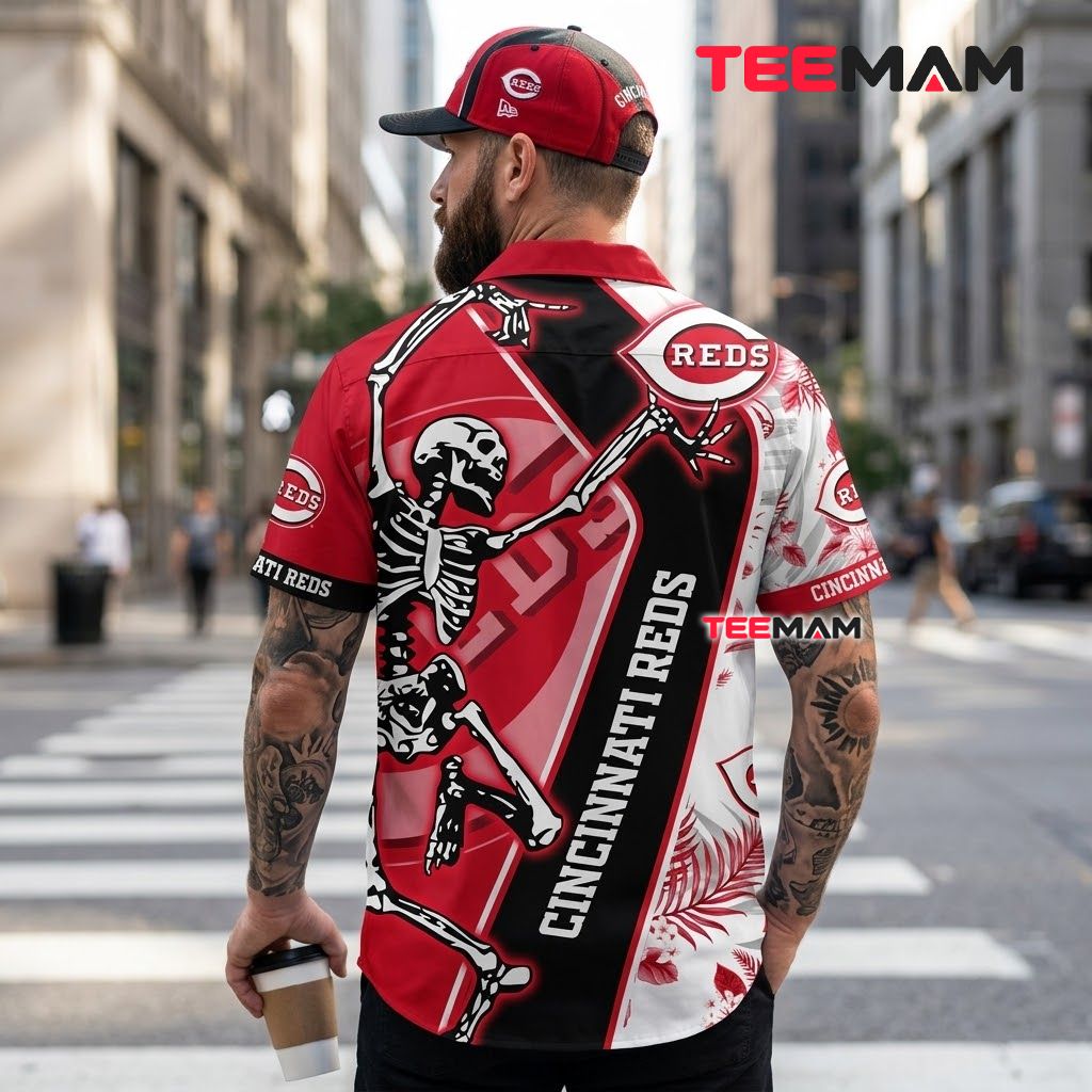 Cincinnati Reds Button Up Shirt Dancing Skeleton Version 3 Cincinnati Reds Button Up Shirt Dancing Skeleton Version 3