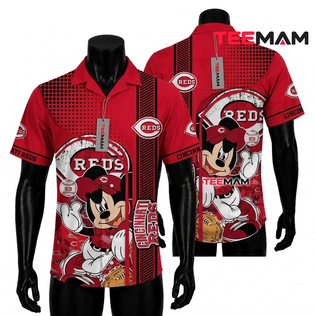 Cincinnati Reds Button Up Shirt Mickey Mouse Baseball Print Front