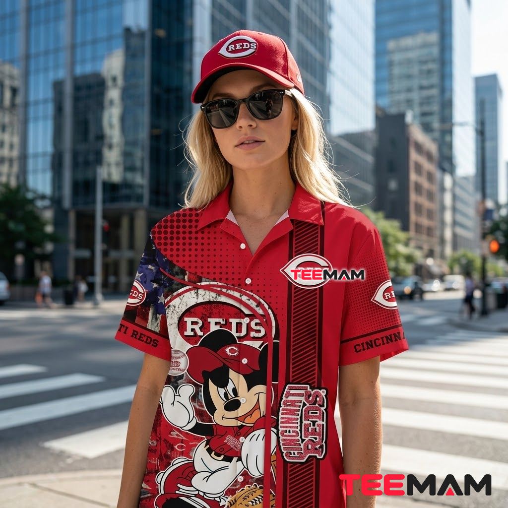 Cincinnati Reds Button Up Shirt Mickey Mouse Baseball Print Back Cincinnati Reds Button Up Shirt Mickey Mouse Baseball Print Back