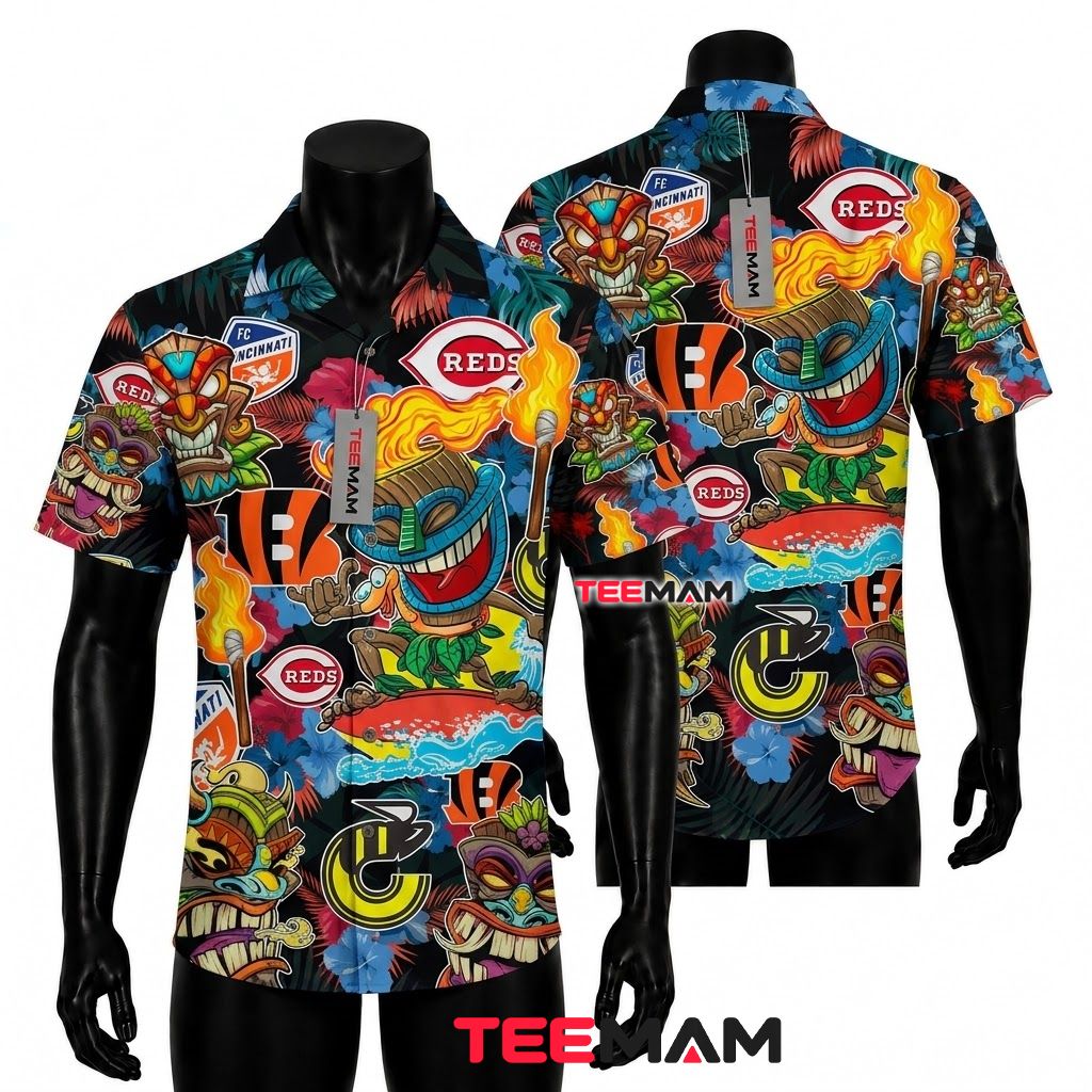 Cincinnati Reds Button Up Shirt Tiki Mask Torch Fire Front