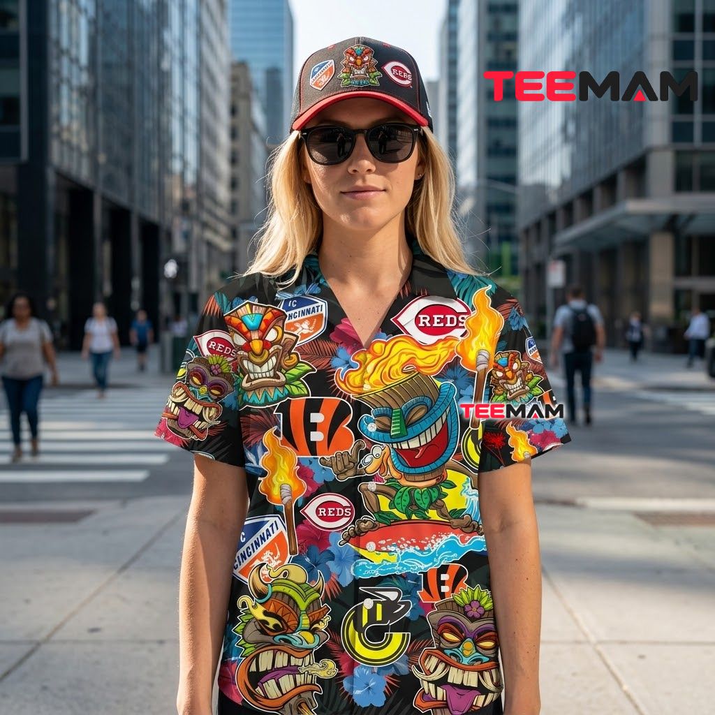 Cincinnati Reds Button Up Shirt Tiki Mask Torch Fire Back Cincinnati Reds Button Up Shirt Tiki Mask Torch Fire Back