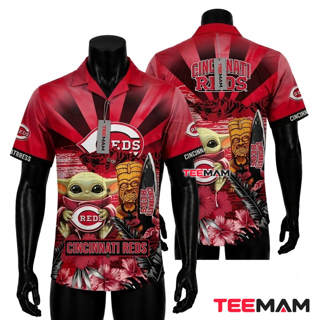 Cincinnati Reds Hawaiian Shirt Baby Yoda Tiki Surfboard Front