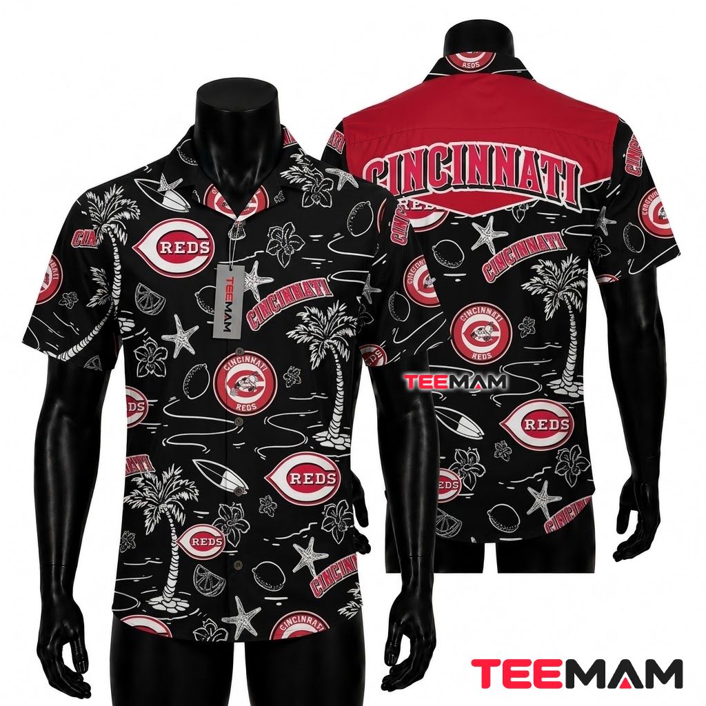 Cincinnati Reds Hawaiian Shirt Black Palm Starfish Doodle Front