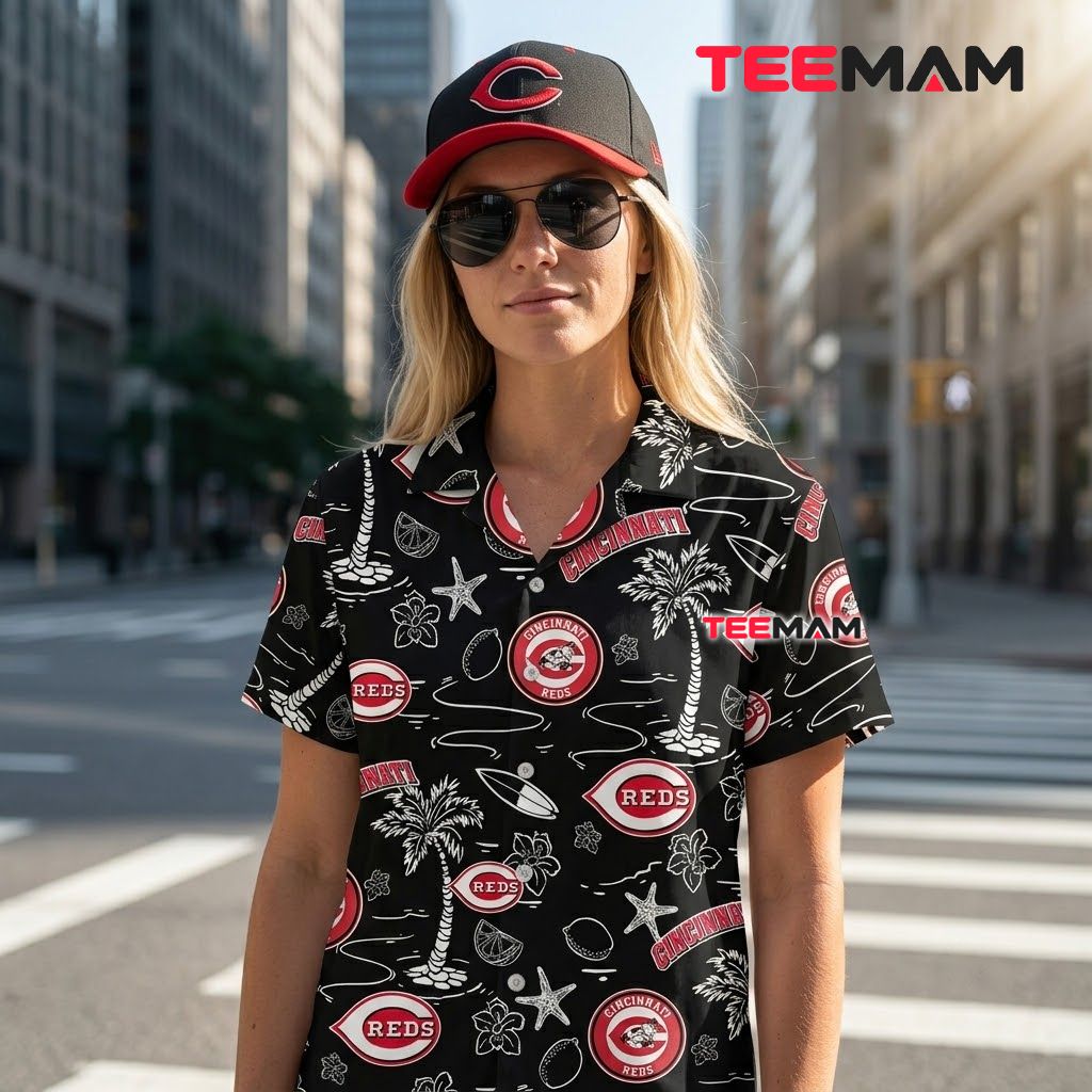 Cincinnati Reds Hawaiian Shirt Black Palm Starfish Doodle Back Cincinnati Reds Hawaiian Shirt Black Palm Starfish Doodle Back