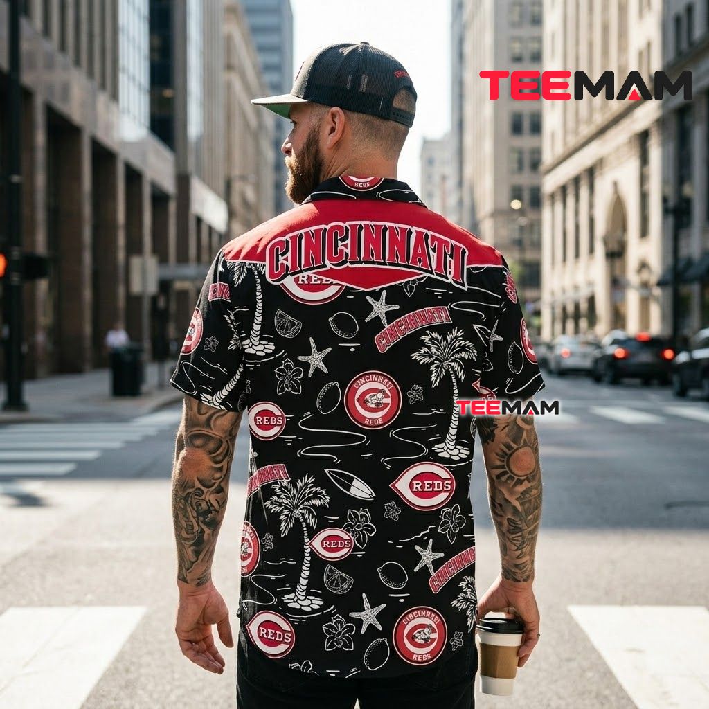 Cincinnati Reds Hawaiian Shirt Black Palm Starfish Doodle Version 3 Cincinnati Reds Hawaiian Shirt Black Palm Starfish Doodle Version 3