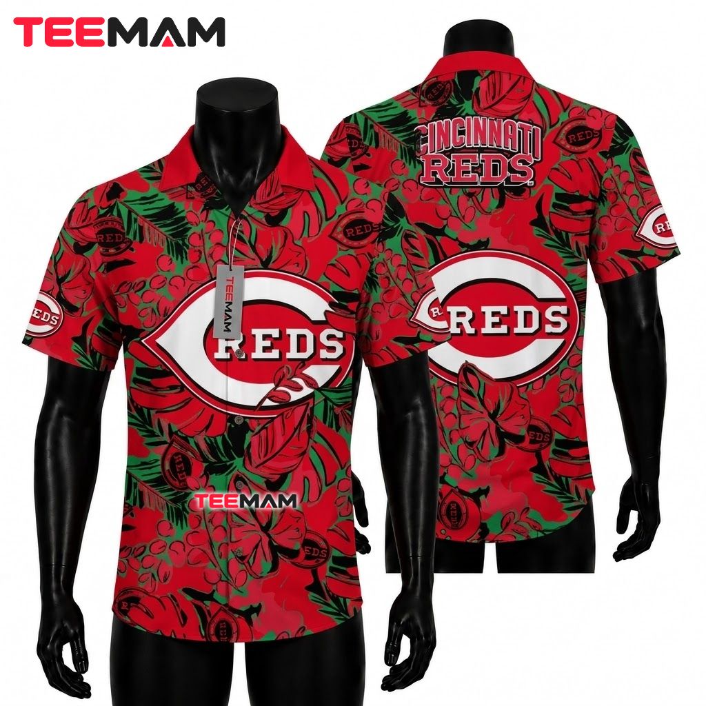 Cincinnati Reds Hawaiian Shirt Botanical Berry Green Leaf Front
