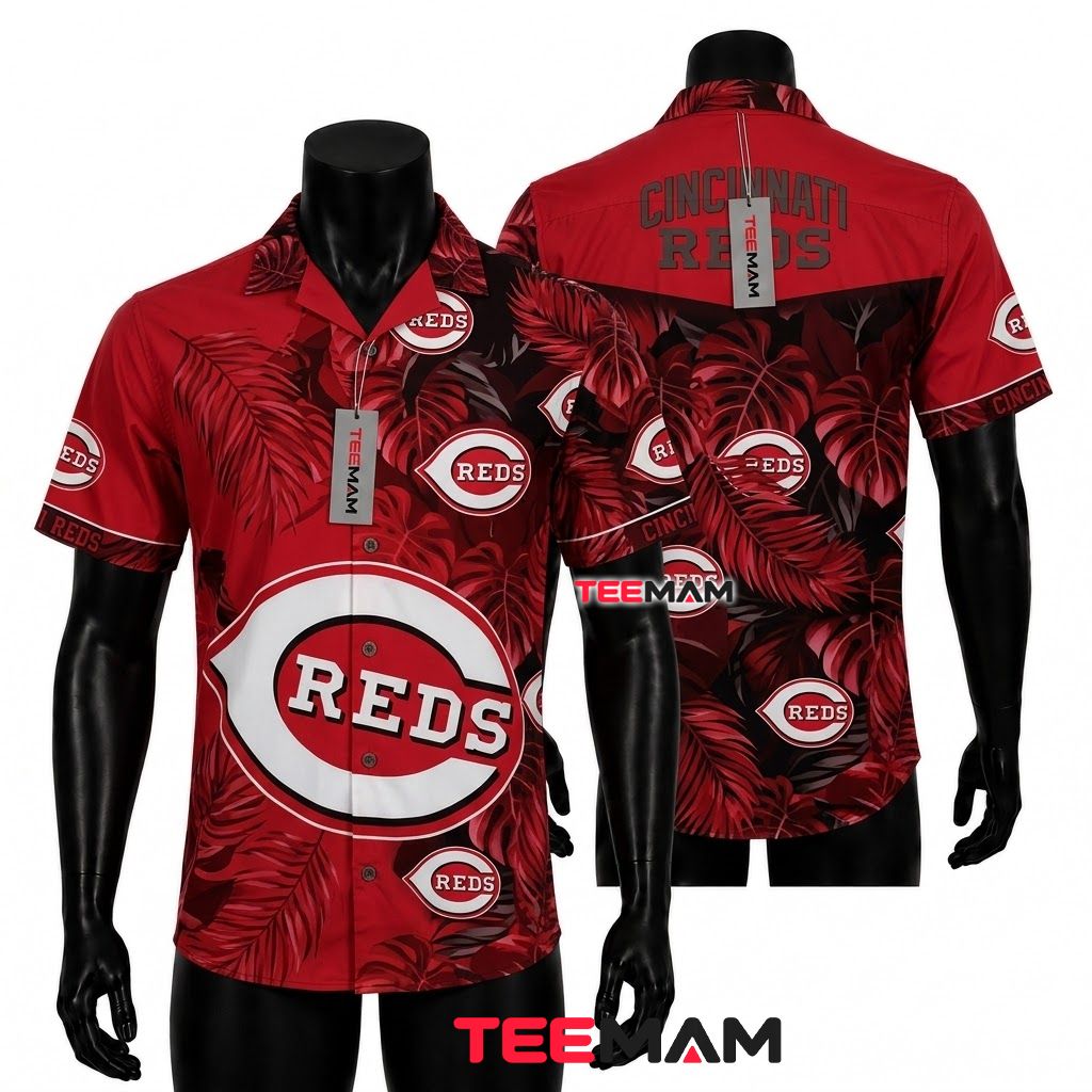 Cincinnati Reds Hawaiian Shirt Dark Tropical Leaf Front