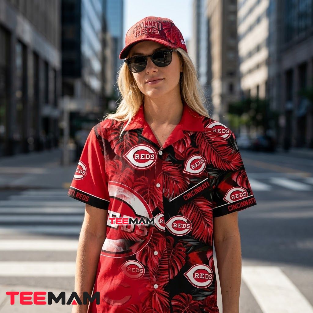 Cincinnati Reds Hawaiian Shirt Dark Tropical Leaf Back Cincinnati Reds Hawaiian Shirt Dark Tropical Leaf Back