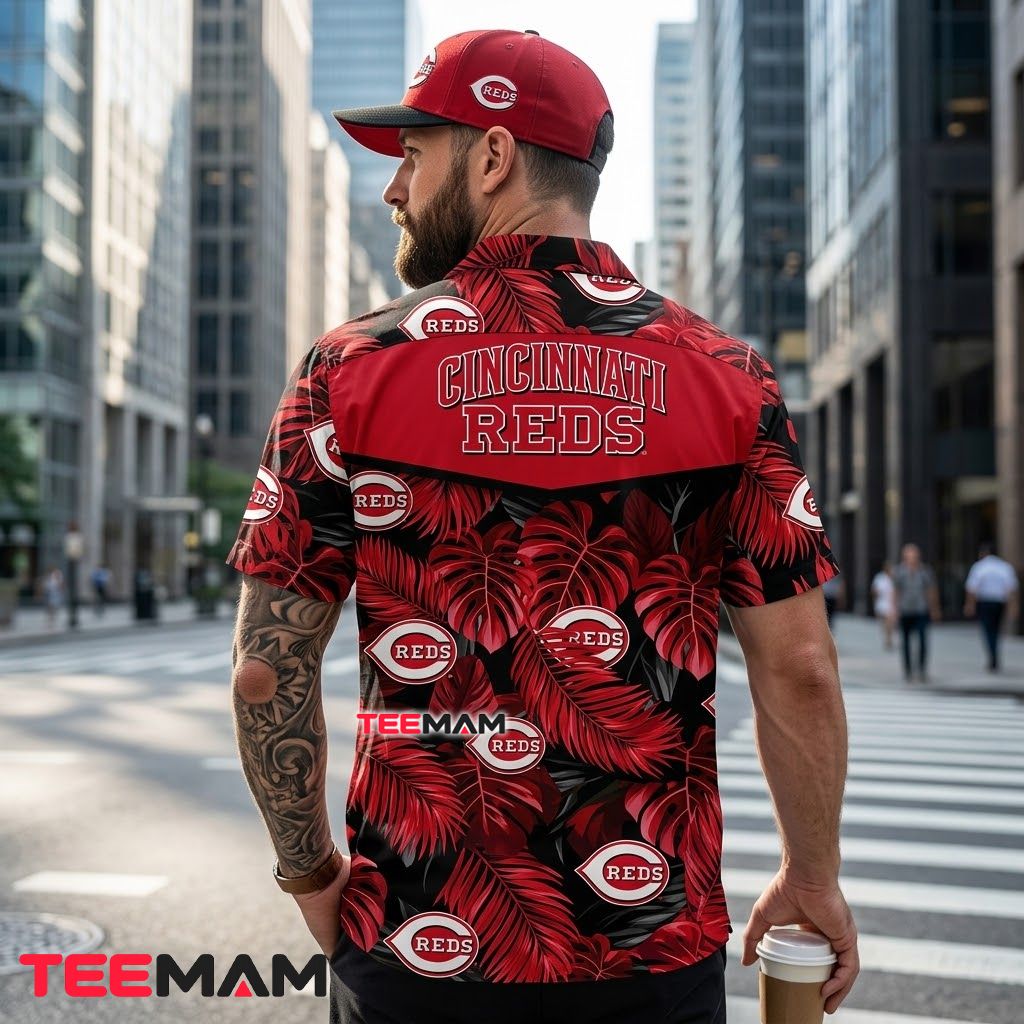 Cincinnati Reds Hawaiian Shirt Dark Tropical Leaf Version 3 Cincinnati Reds Hawaiian Shirt Dark Tropical Leaf Version 3