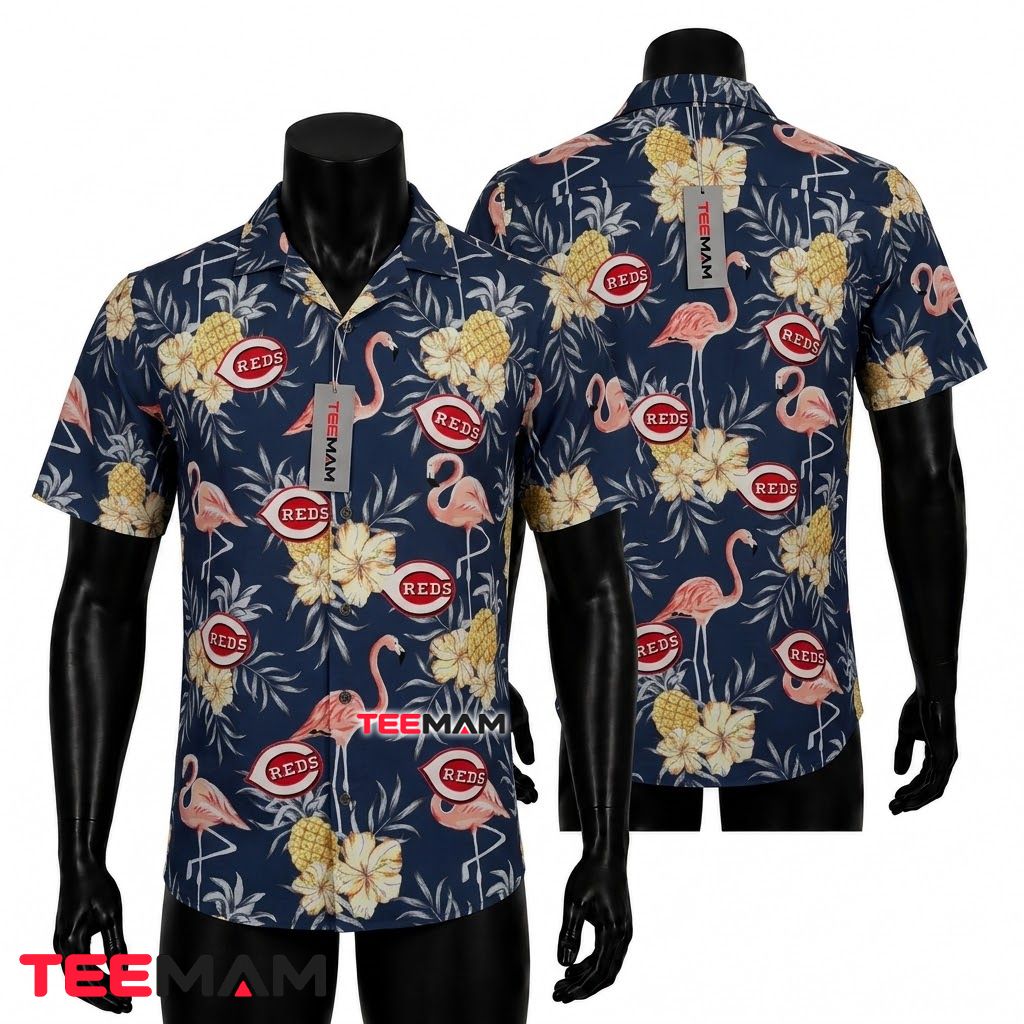 Cincinnati Reds Hawaiian Shirt Flamingo Pineapple Navy Front