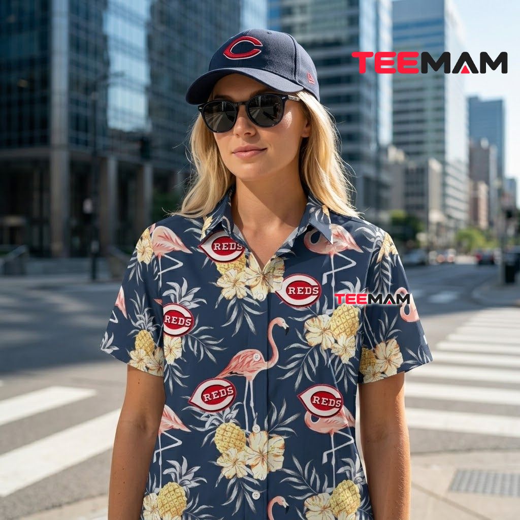 Cincinnati Reds Hawaiian Shirt Flamingo Pineapple Navy Back Cincinnati Reds Hawaiian Shirt Flamingo Pineapple Navy Back