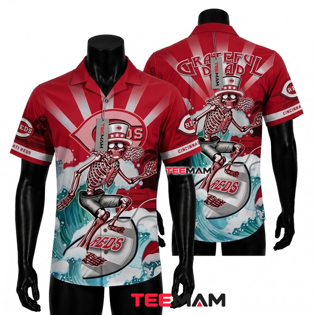 Cincinnati Reds Hawaiian Shirt Grateful Dead Skeleton Surfing Front