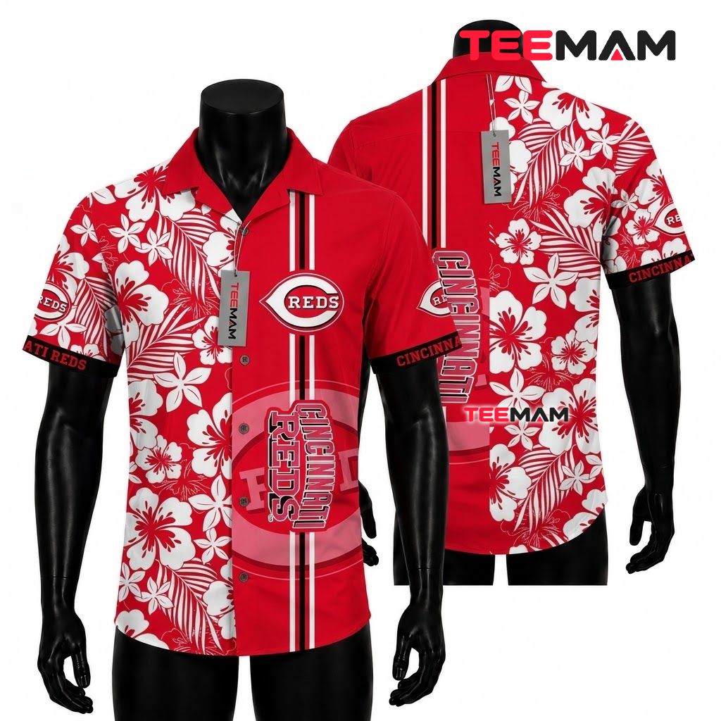 Cincinnati Reds Hawaiian Shirt Hibiscus Stripe Emblem Front