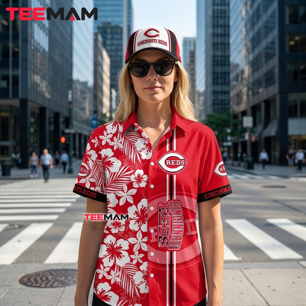 Cincinnati Reds Hawaiian Shirt Hibiscus Stripe Emblem Back Cincinnati Reds Hawaiian Shirt Hibiscus Stripe Emblem Back