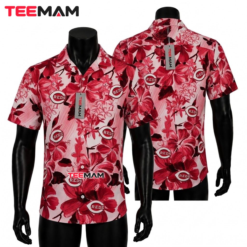 Cincinnati Reds Hawaiian Shirt Red Hibiscus Bloom Front