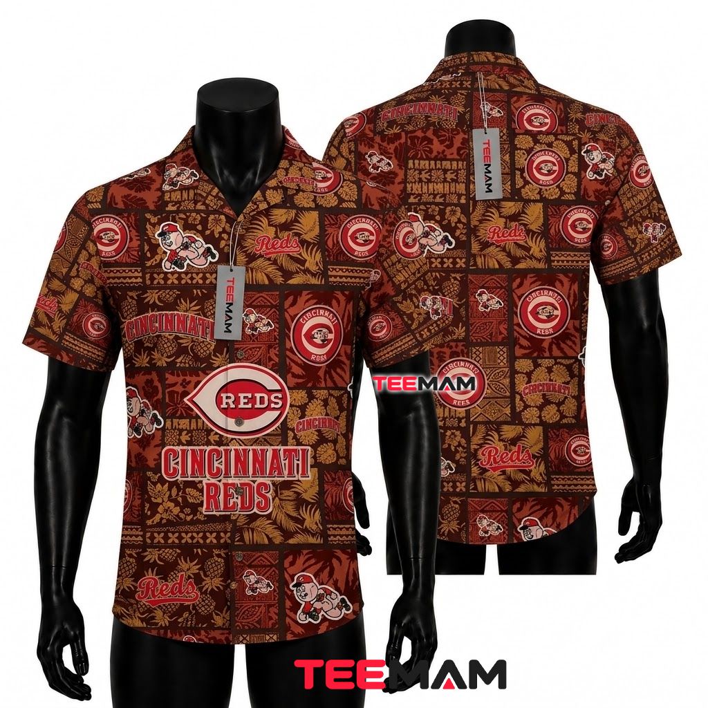 Cincinnati Reds Hawaiian Shirt Tribal Patchwork Mascot Front