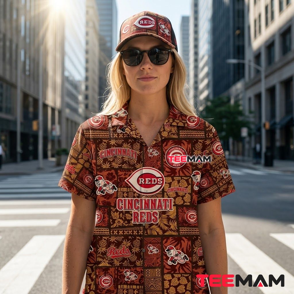 Cincinnati Reds Hawaiian Shirt Tribal Patchwork Mascot Back Cincinnati Reds Hawaiian Shirt Tribal Patchwork Mascot Back