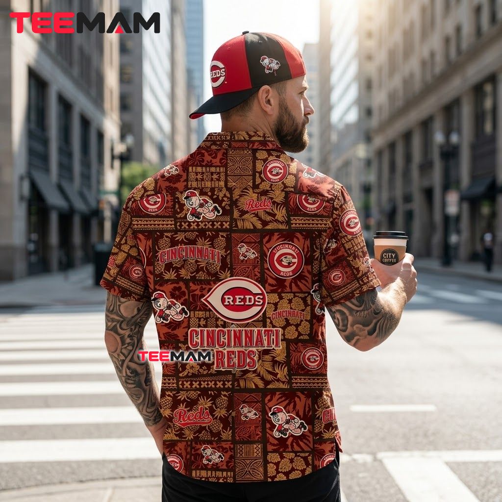Cincinnati Reds Hawaiian Shirt Tribal Patchwork Mascot Version 3 Cincinnati Reds Hawaiian Shirt Tribal Patchwork Mascot Version 3
