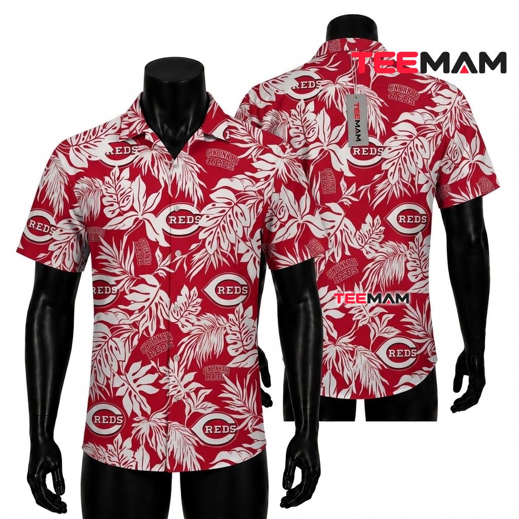 Cincinnati Reds Hawaiian Shirt Tropical Palm Leaf Logo Front