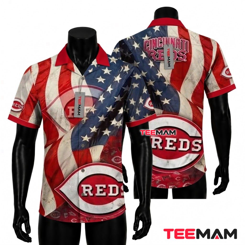 Cincinnati Reds Hawaiian Shirt Vintage USA Flag Waving Front