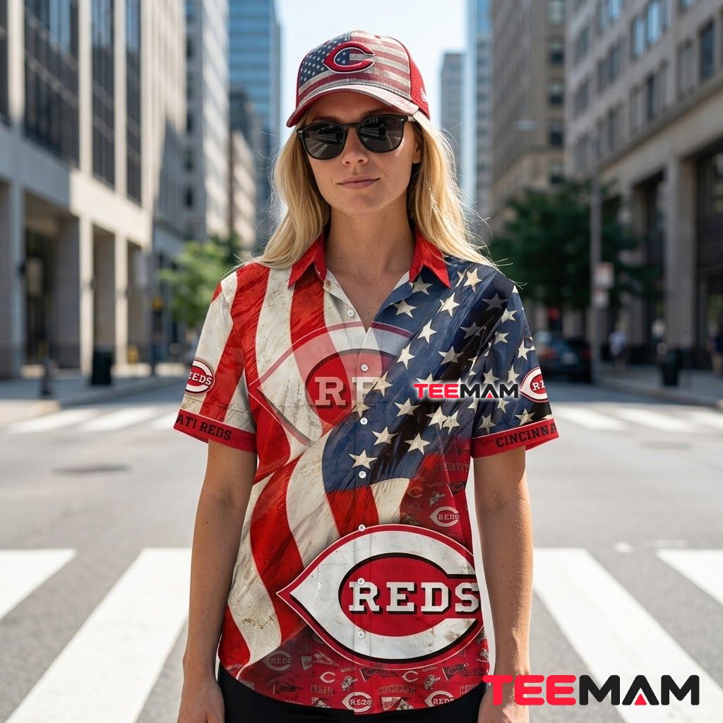 Cincinnati Reds Hawaiian Shirt Vintage USA Flag Waving Back Cincinnati Reds Hawaiian Shirt Vintage USA Flag Waving Back