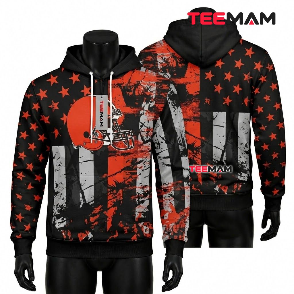 Cleveland Browns 3D Hoodie American Flag Skull Camo Helmet Design Front