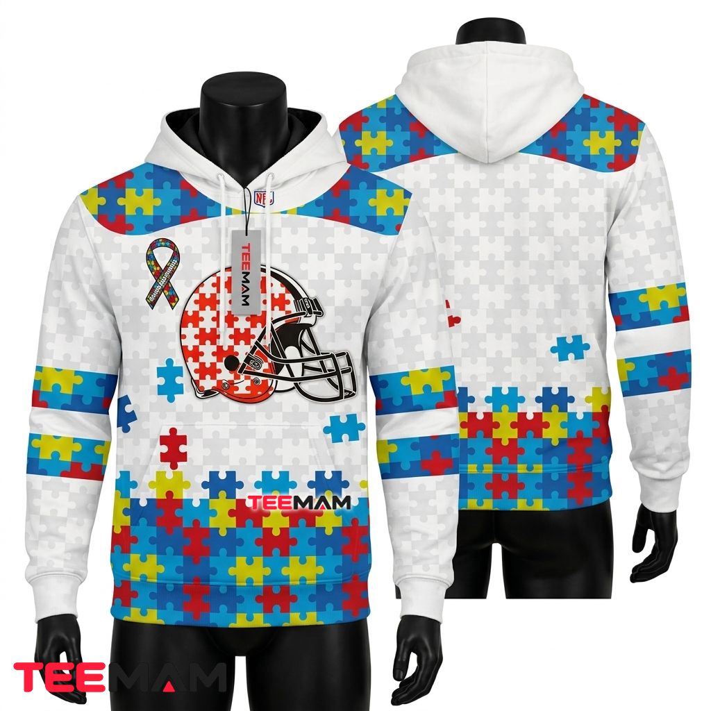 Cleveland Browns 3D Hoodie Autism Awareness Puzzle Pattern Front