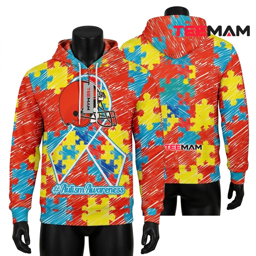 Cleveland Browns 3D Hoodie Autism Awareness Ribbon Sketch Front