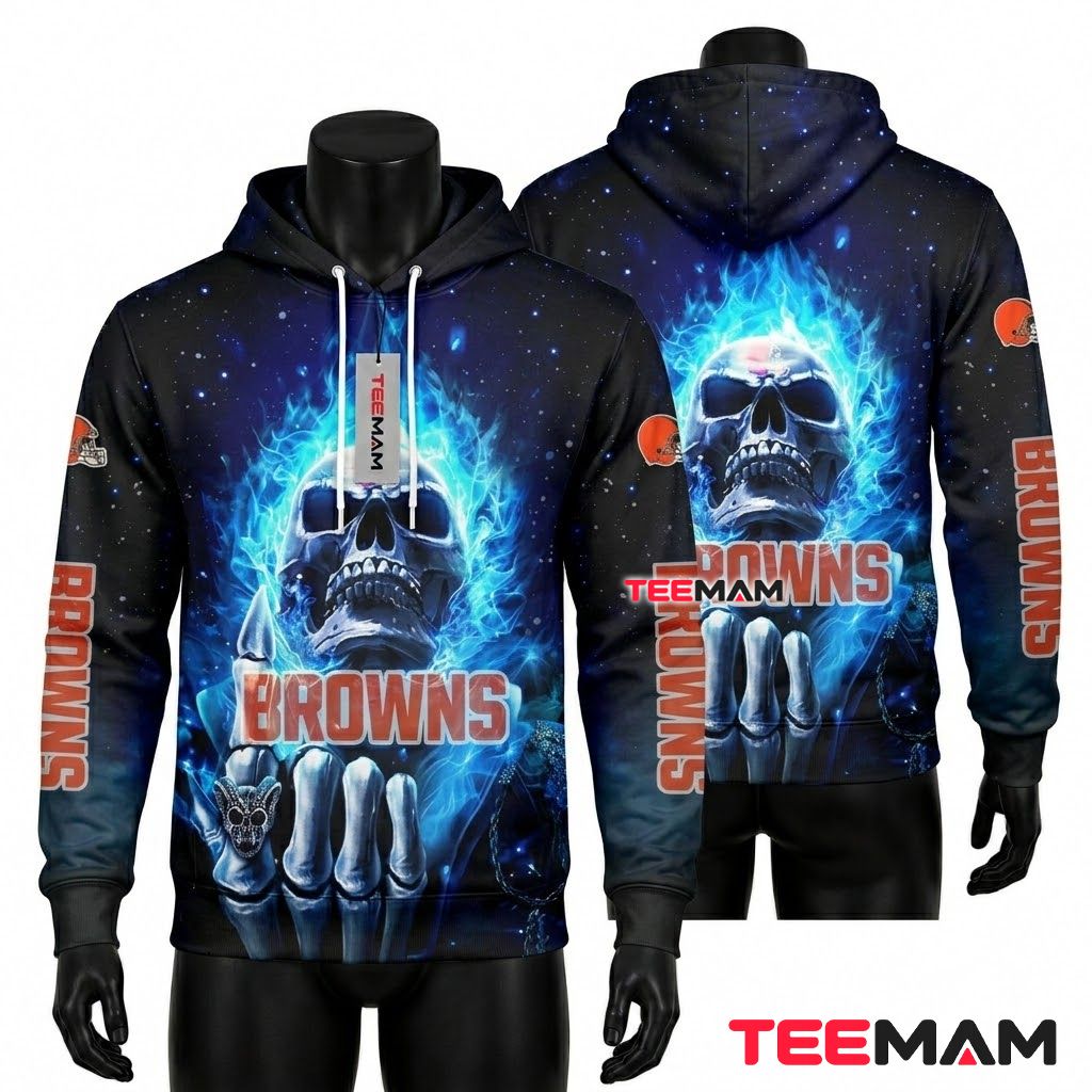Cleveland Browns 3D Hoodie Blue Flame Skull Galaxy Front
