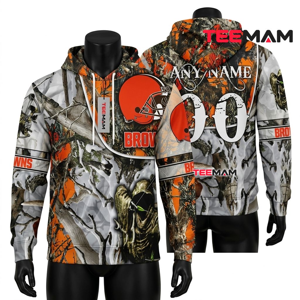 Cleveland Browns 3D Hoodie Bow Hunting Grim Reaper Split Print Front