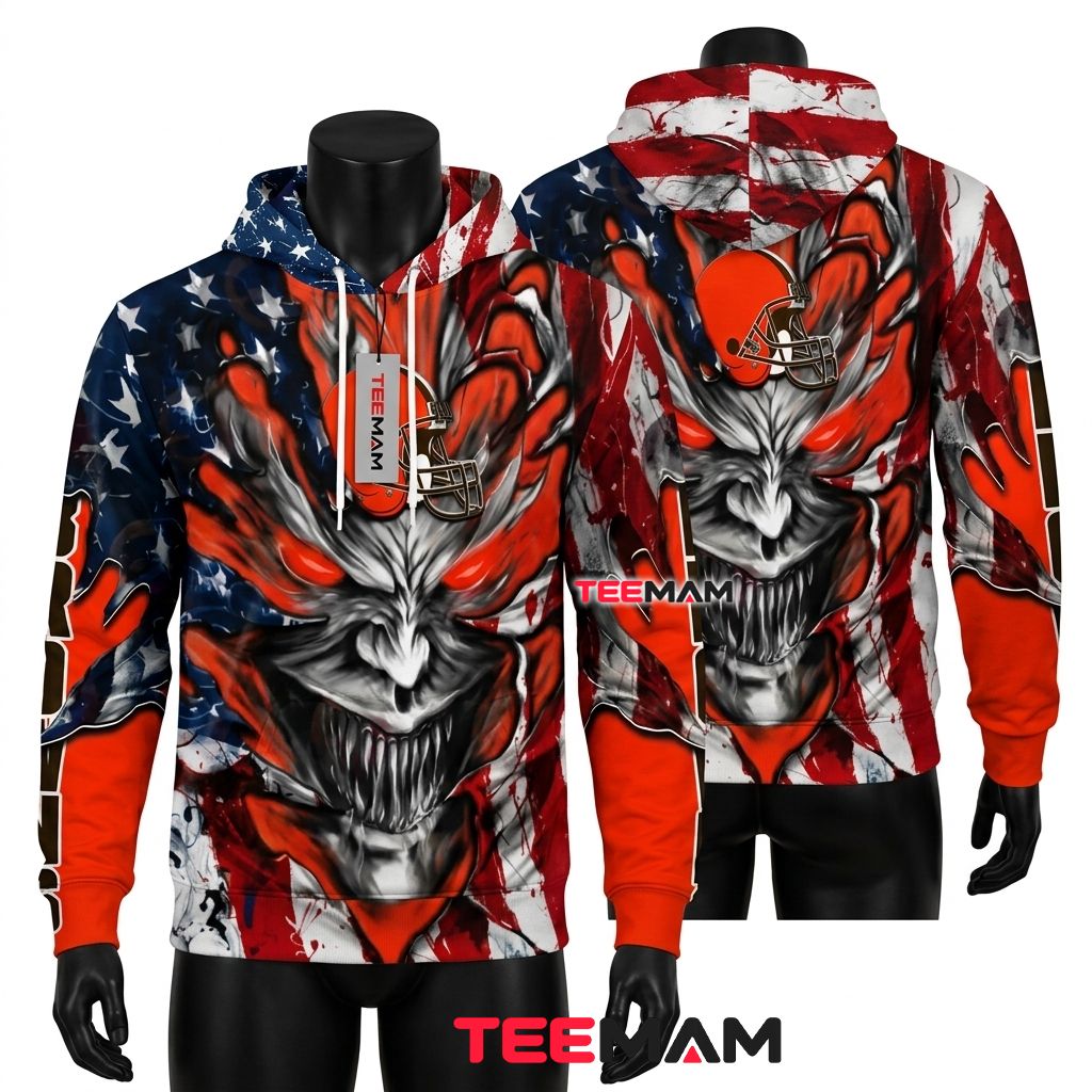 Cleveland Browns 3D Hoodie Demon Face American Flag Front