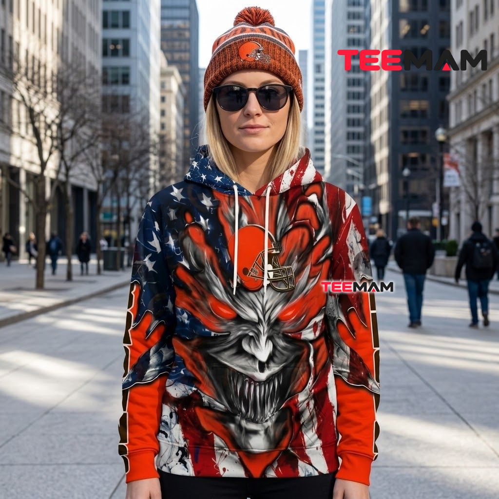 Cleveland Browns 3D Hoodie Demon Face American Flag Back Cleveland Browns 3D Hoodie Demon Face American Flag Back