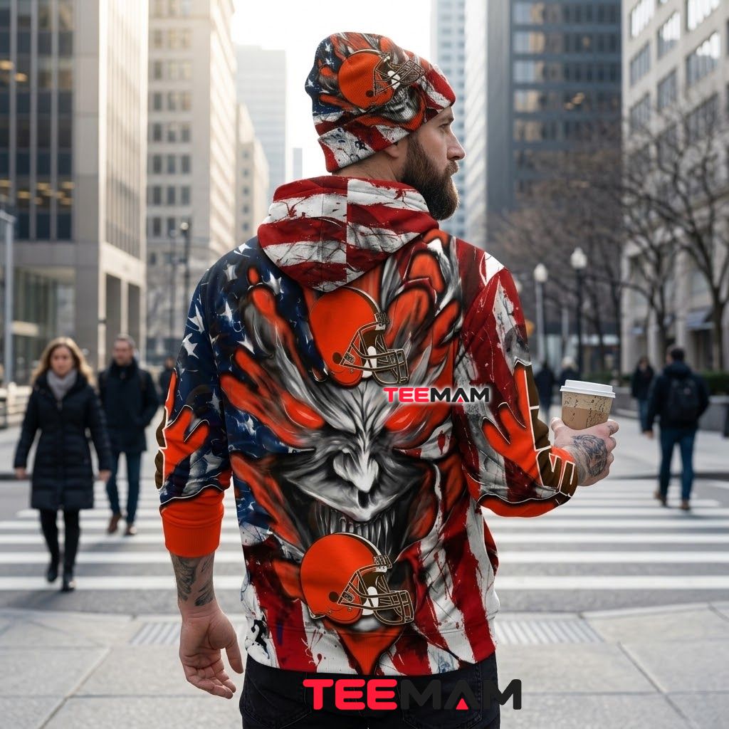 Cleveland Browns 3D Hoodie Demon Face American Flag Version 3 Cleveland Browns 3D Hoodie Demon Face American Flag Version 3