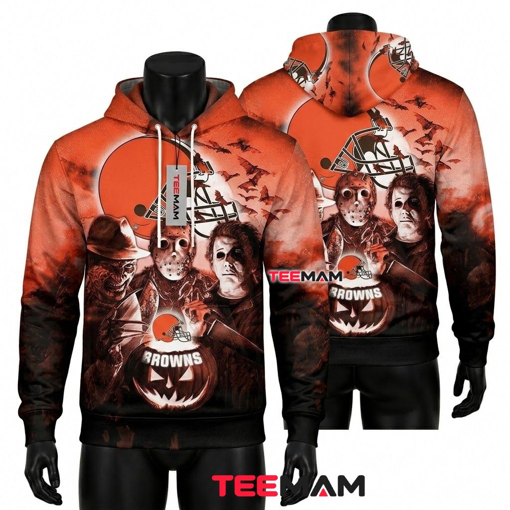 Cleveland Browns 3D Hoodie Freddy Jason Michael Myers Halloween Front