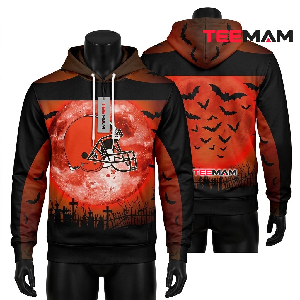 Cleveland Browns 3D Hoodie Halloween Full Moon Graveyard Front