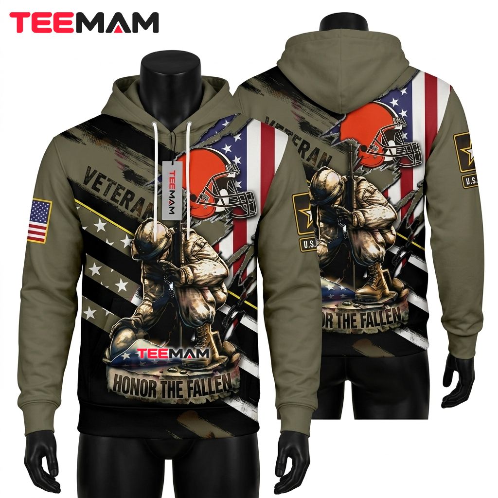 Cleveland Browns 3D Hoodie Honor The Fallen Veteran Soldier Front