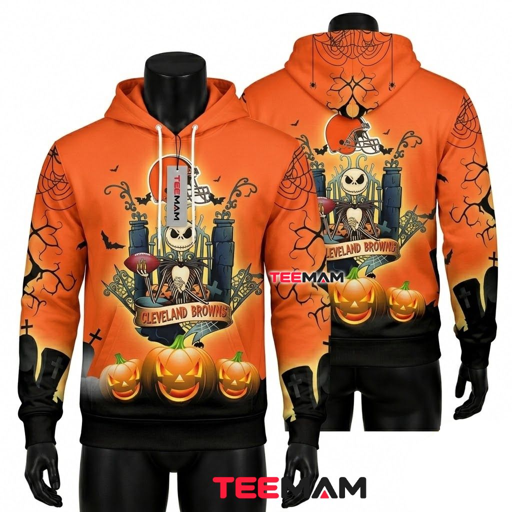 Cleveland Browns 3D Hoodie Jack Skellington Pumpkin Halloween Front