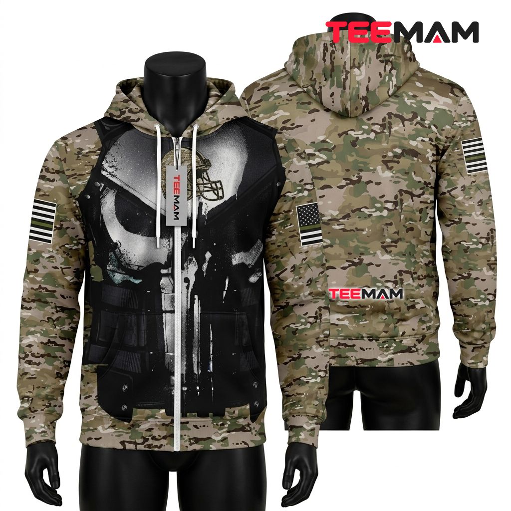 Cleveland Browns 3D Hoodie Punisher Military Camo Veteran Front