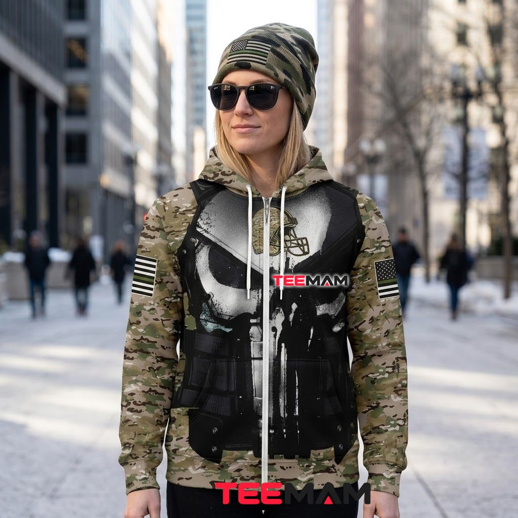 Cleveland Browns 3D Hoodie Punisher Military Camo Veteran Back Cleveland Browns 3D Hoodie Punisher Military Camo Veteran Back